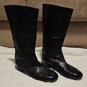 Chanel Black Below Knee Lambskin Leather Boots Sz 38.5/ 8